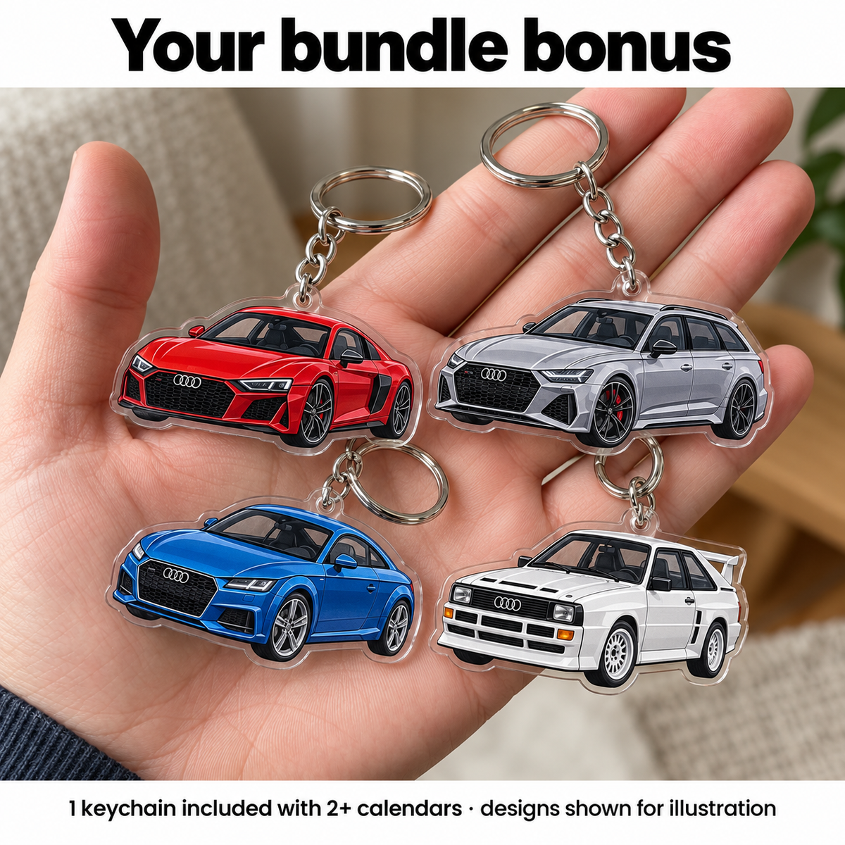 Illustrative Audi keychain designs; one keychain included with two or more calendars