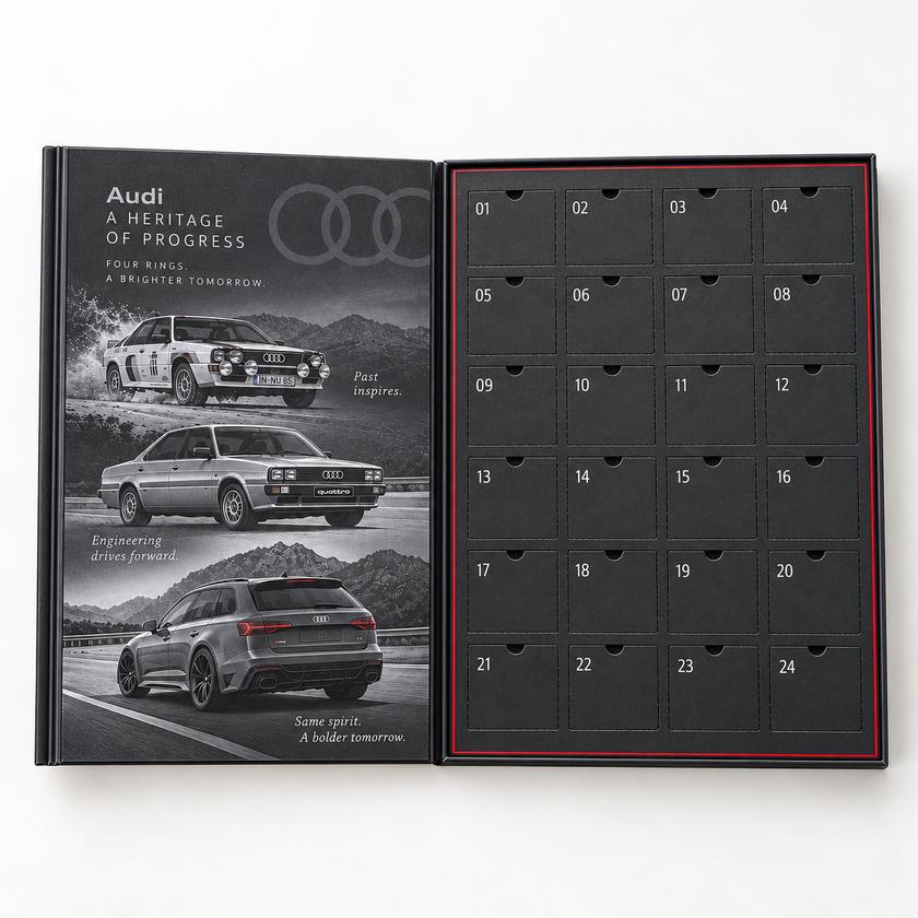 Audi Advent open calendar with 24 closed numbered doors