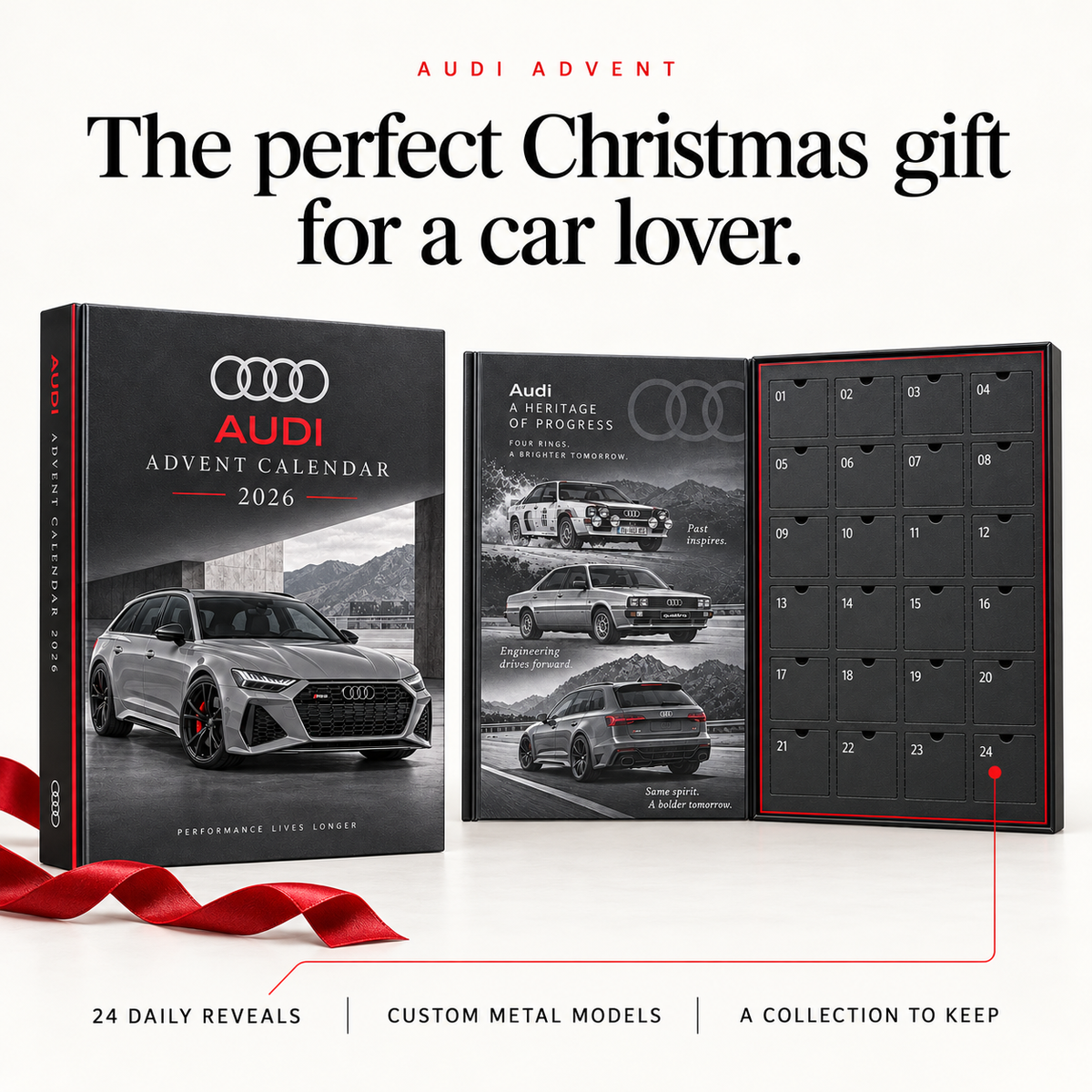 The perfect Christmas gift for a car lover. Audi Advent Calendar exterior and 24 closed numbered doors, with custom metal models and a collection to keep.