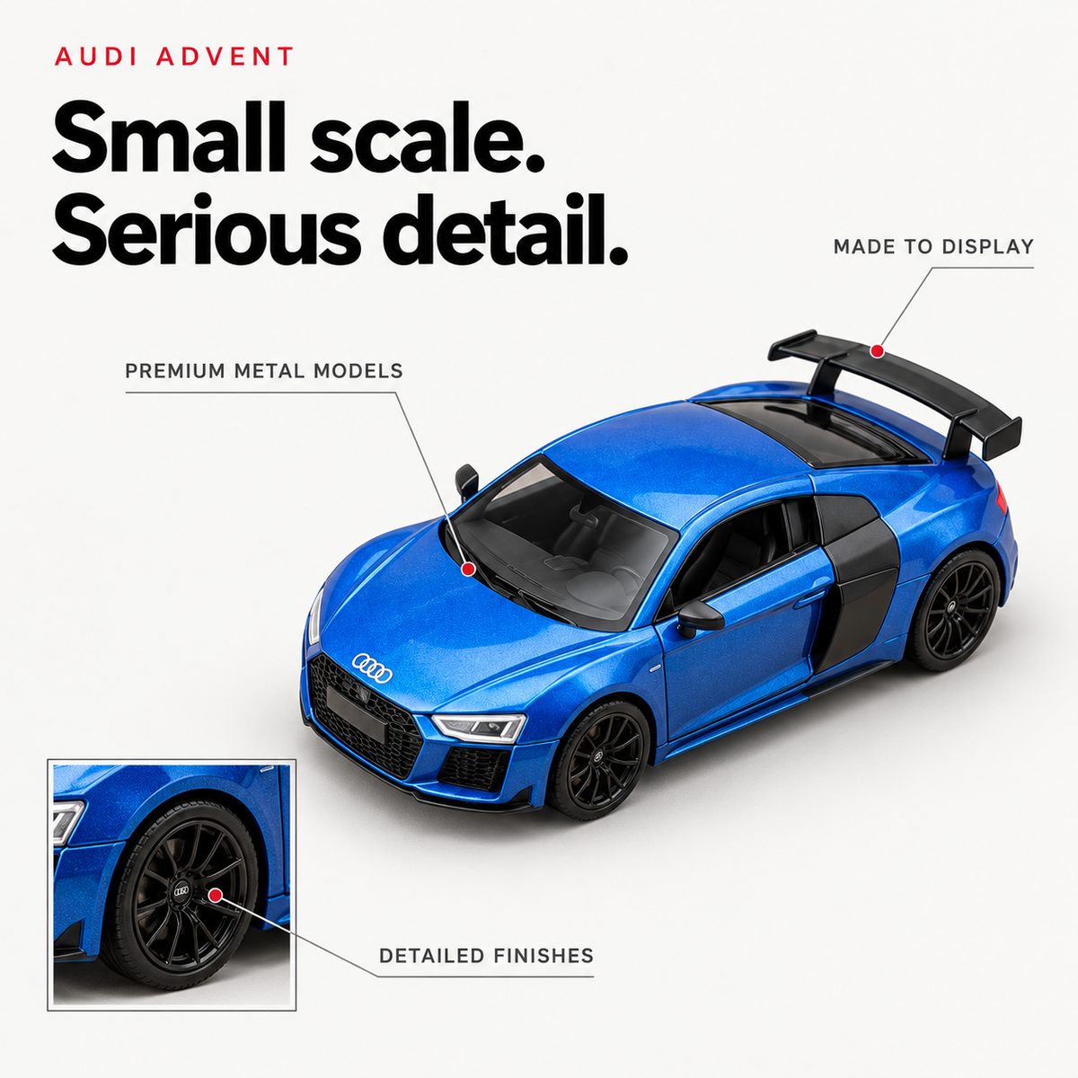Small scale. Serious detail. Blue custom Audi miniature with premium metal, detailed finishes and display-ready design callouts.